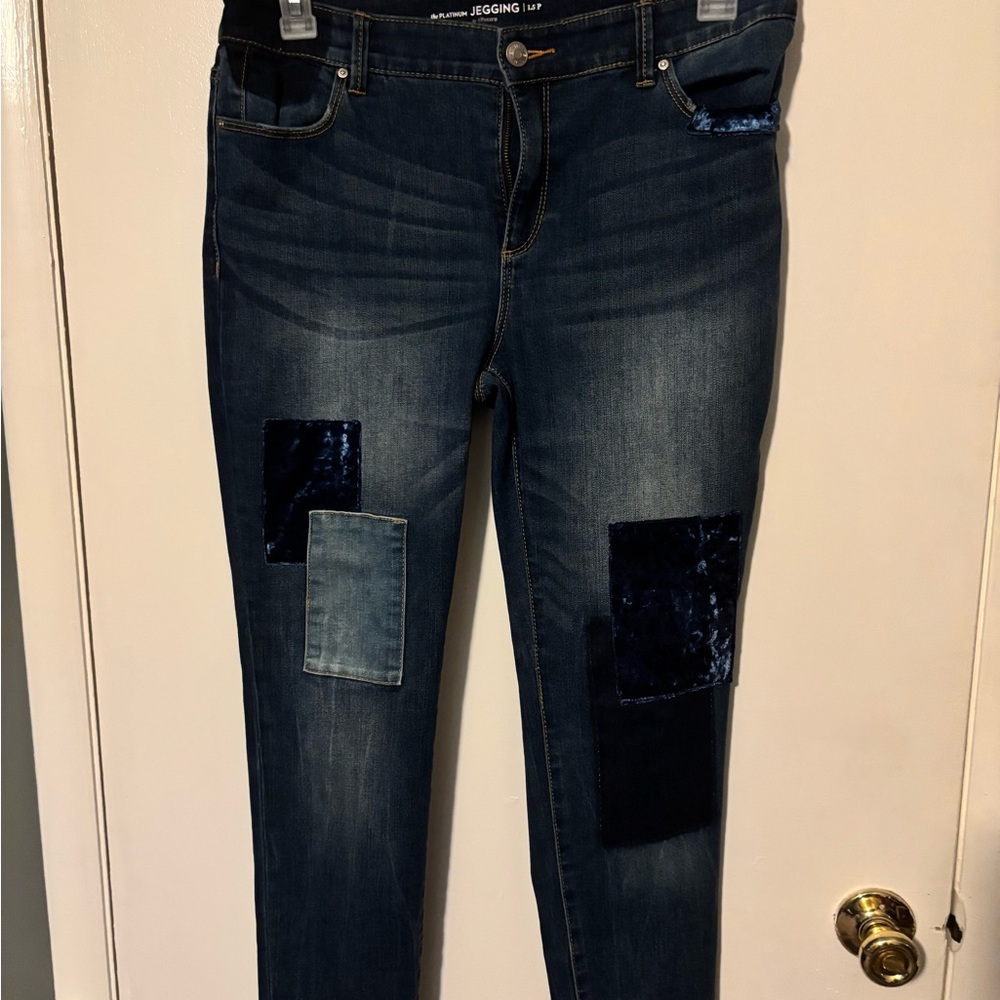 Chico's Dark Blue Patchwork Jeggings with Velvet Accents